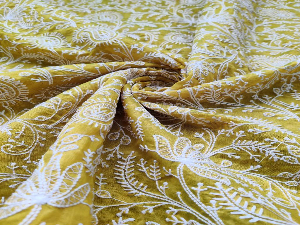 Lime Green White Paisleys Embroidered Chanderi Fabric