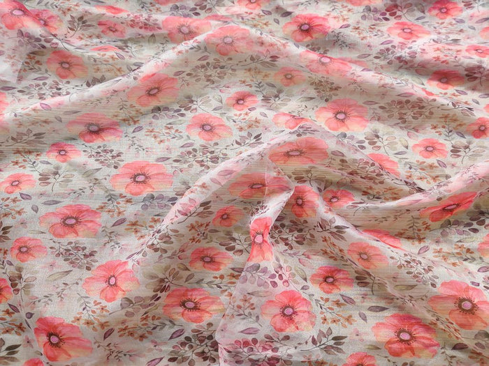 White Pink Flowers Printed Organza Fabric