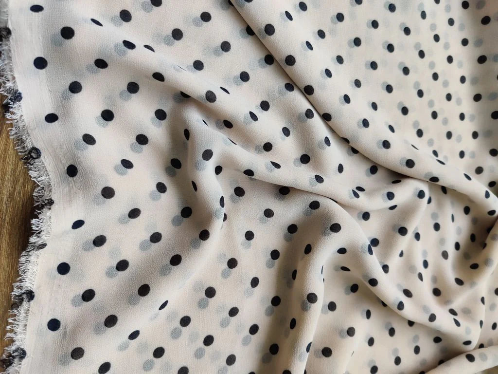 Beige Black Polka Dots Printed Georgette Fabric