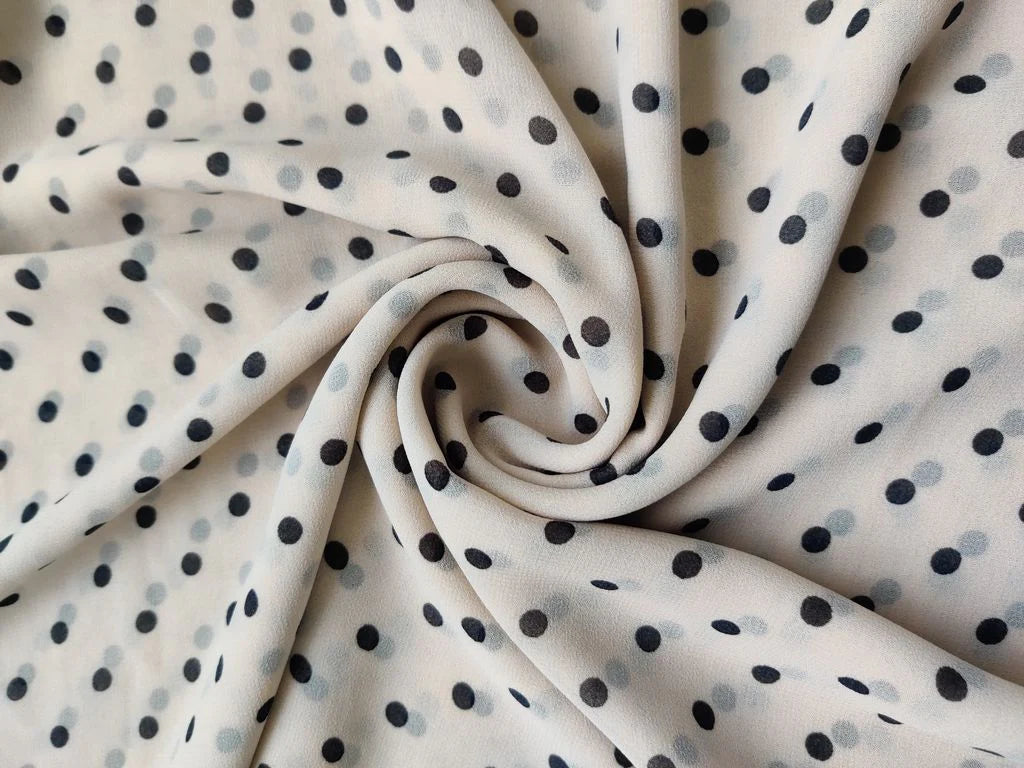 Beige Black Polka Dots Printed Georgette Fabric