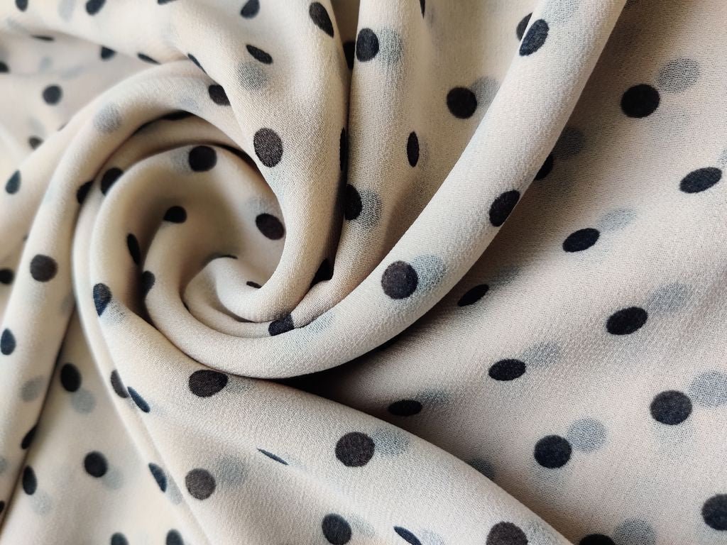 Beige Black Polka Dots Printed Georgette Fabric