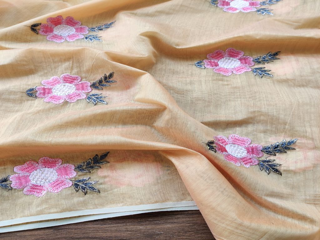 Yellow Pink Embroidered Floral Motifs Embroidered Chanderi Fabric