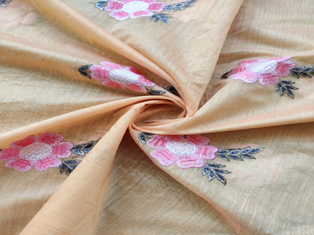 Yellow Pink Embroidered Floral Motifs Embroidered Chanderi Fabric