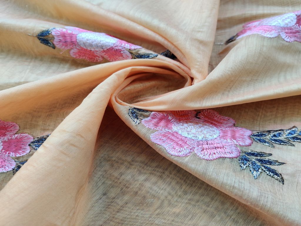 Yellow Pink Embroidered Floral Motifs Embroidered Chanderi Fabric