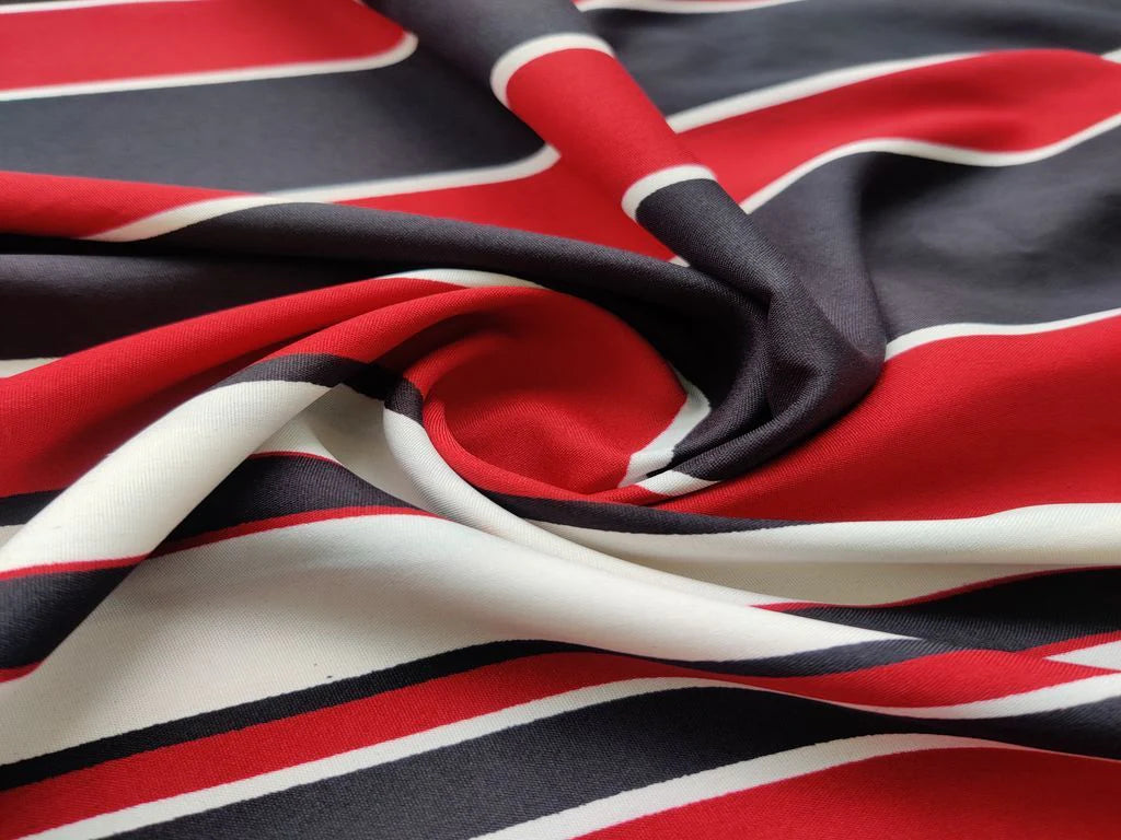 Maroon Black Stripes Digital Printed Poly Crepe Fabric