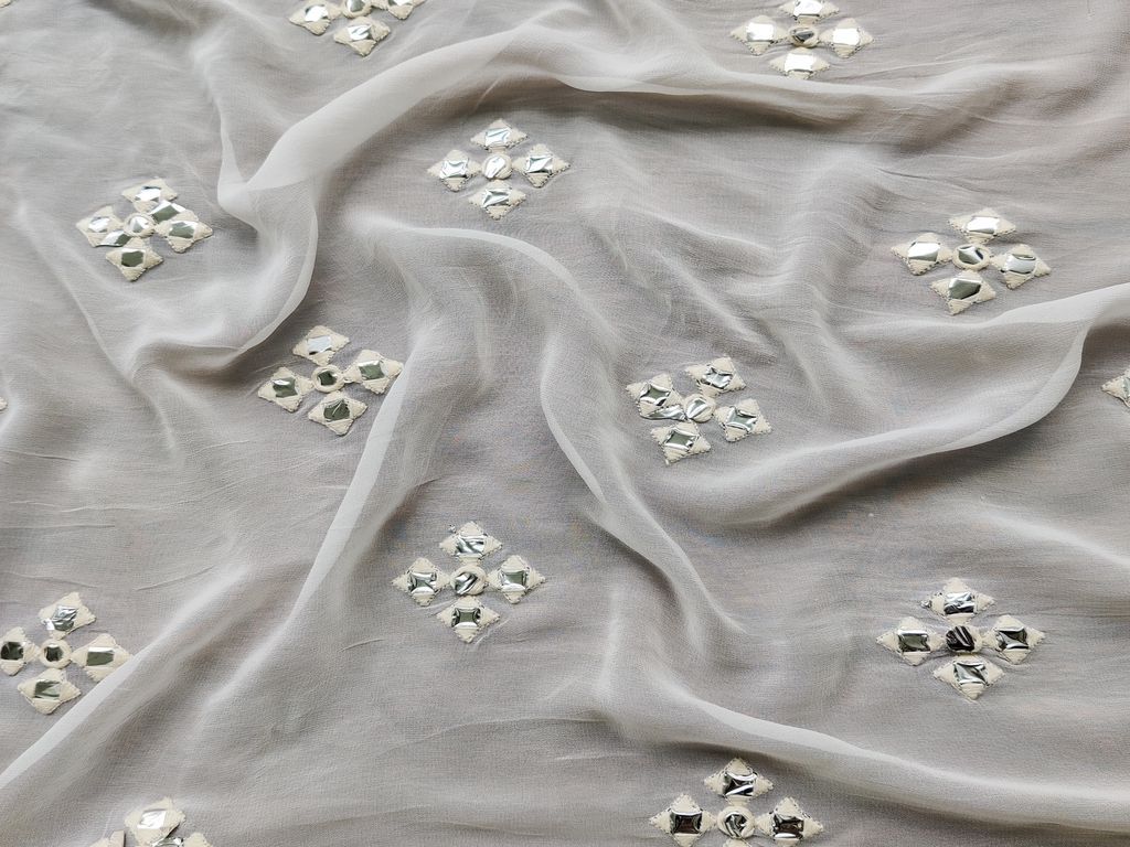 Off White Silver Mirror Work Embroidered Floral Motifs Pure Dyeable Georgette Fabric