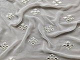 Off White Silver Mirror Work Embroidered Floral Motifs Pure Dyeable Georgette Fabric