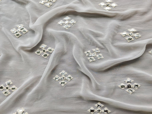 Off White Silver Mirror Work Embroidered Floral Motifs Pure Dyeable Georgette Fabric