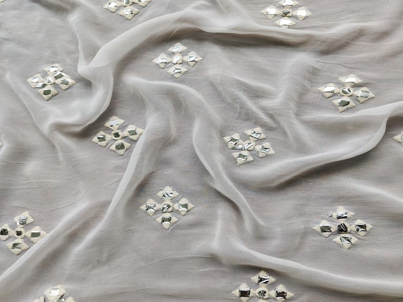 Off White Silver Mirror Work Embroidered Floral Motifs Pure Dyeable Georgette Fabric