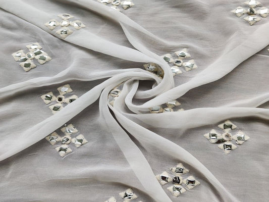 Off White Silver Mirror Work Embroidered Floral Motifs Pure Dyeable Georgette Fabric