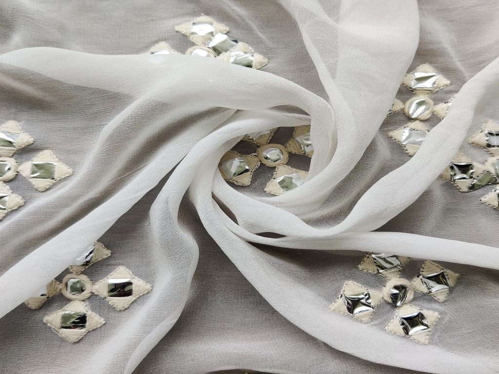 Off White Silver Mirror Work Embroidered Floral Motifs Pure Dyeable Georgette Fabric