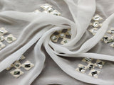 Off White Silver Mirror Work Embroidered Floral Motifs Pure Dyeable Georgette Fabric
