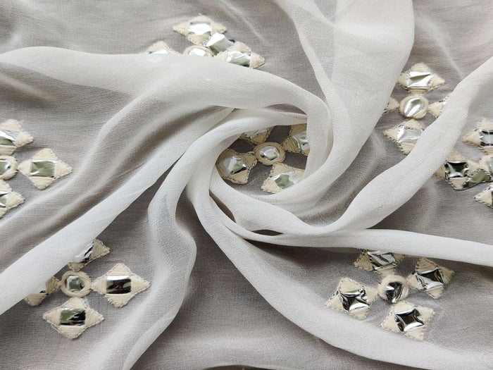 Off White Silver Mirror Work Embroidered Floral Motifs Pure Dyeable Georgette Fabric