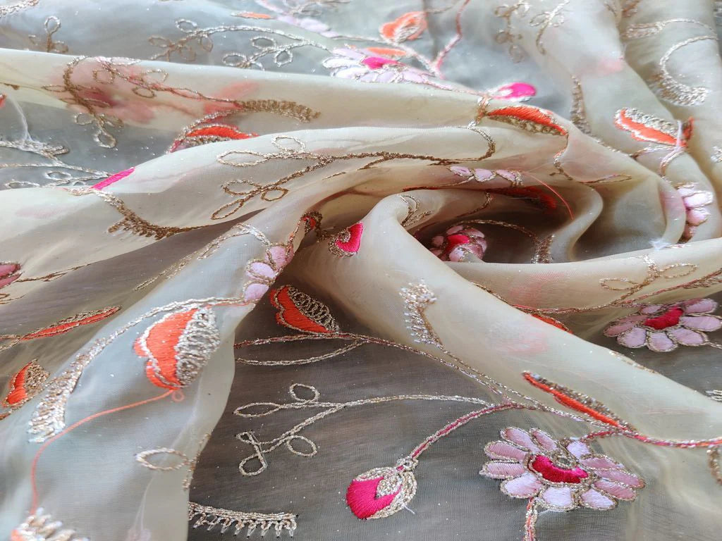 Cream Pink Orange Flowers Embroidered Organza Fabric