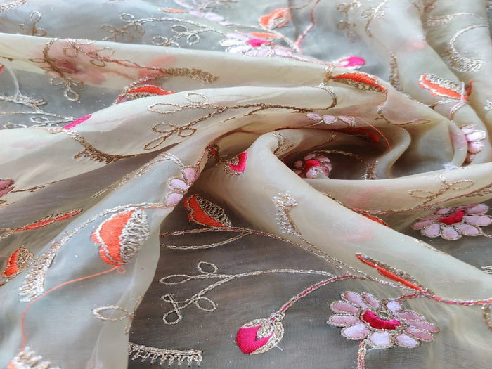 Cream Pink Orange Flowers Embroidered Organza Fabric