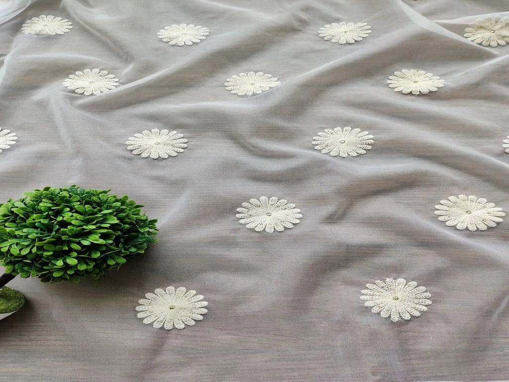 White Floral Motifs Embroidered Dyeable Organza Fabric