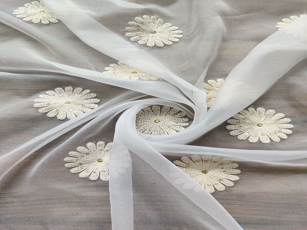White Floral Motifs Embroidered Dyeable Organza Fabric