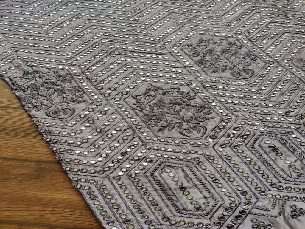 Gray Geometric Floral Mirror Work Embroidered Satin Fabric