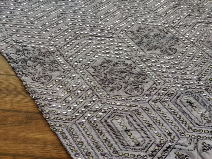 Gray Geometric Floral Mirror Work Embroidered Satin Fabric