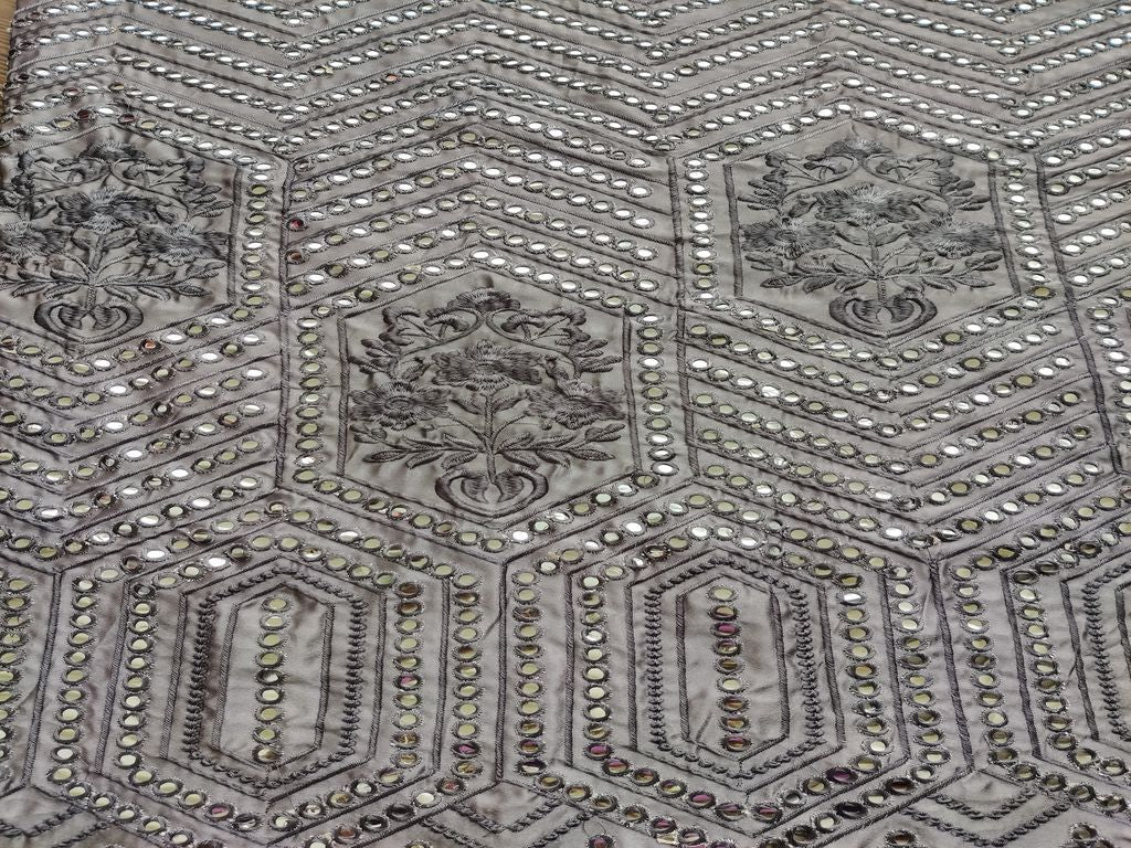 Gray Geometric Floral Mirror Work Embroidered Satin Fabric