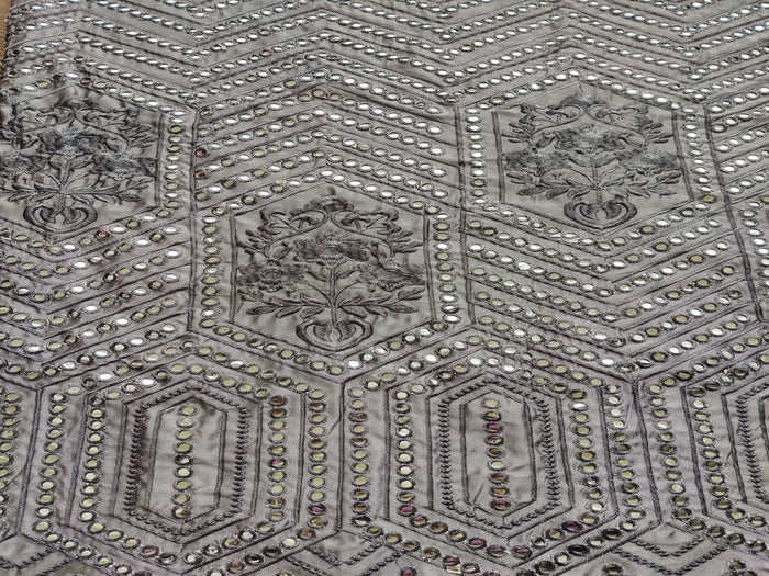 Gray Geometric Floral Mirror Work Embroidered Satin Fabric