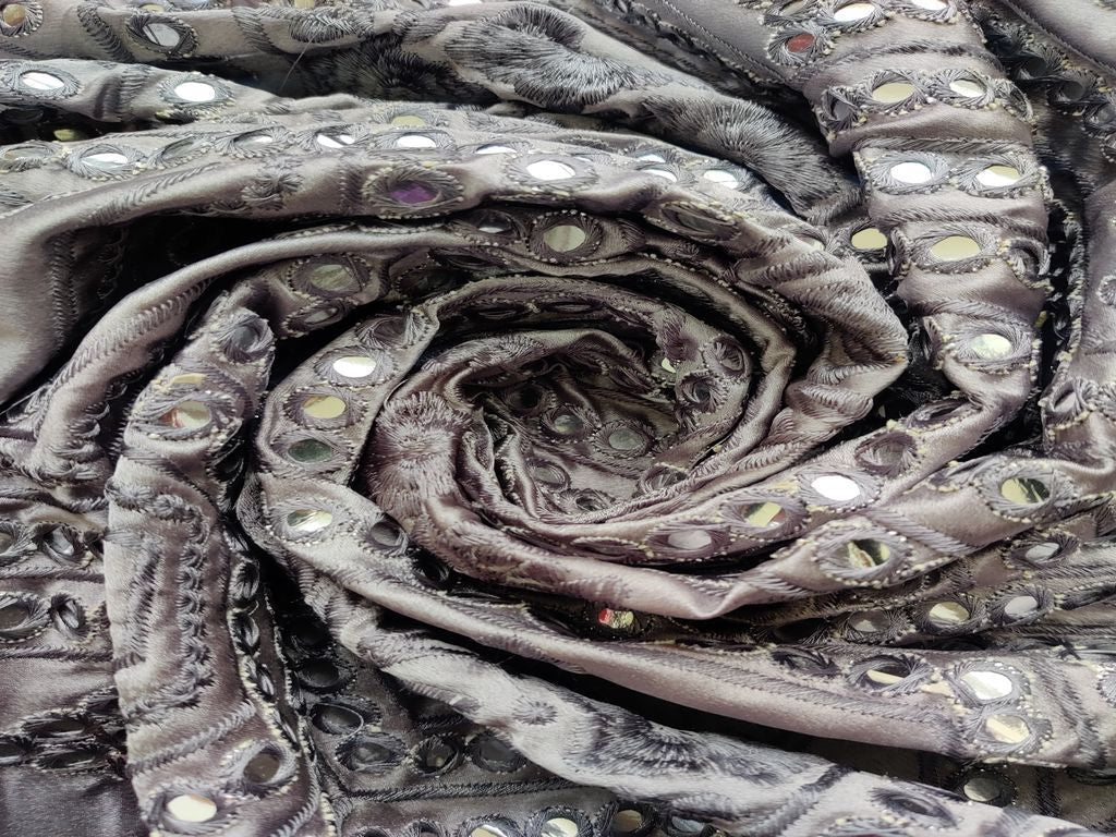 Gray Geometric Floral Mirror Work Embroidered Satin Fabric