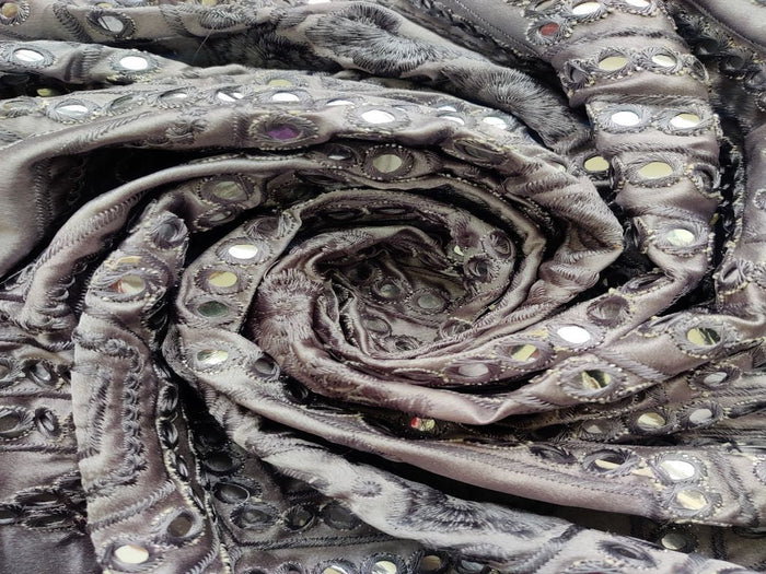 Gray Geometric Floral Mirror Work Embroidered Satin Fabric