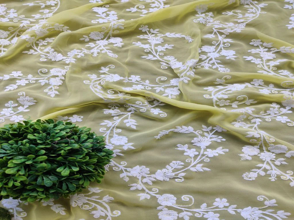 Lemon Yellow White Flowers Chikankari Embroidered Georgette Fabric