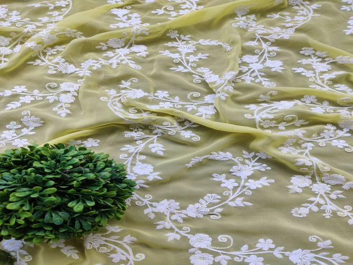 Lemon Yellow White Flowers Chikankari Embroidered Georgette Fabric