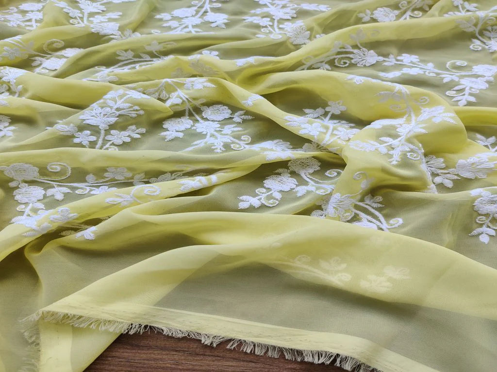 Lemon Yellow White Flowers Chikankari Embroidered Georgette Fabric