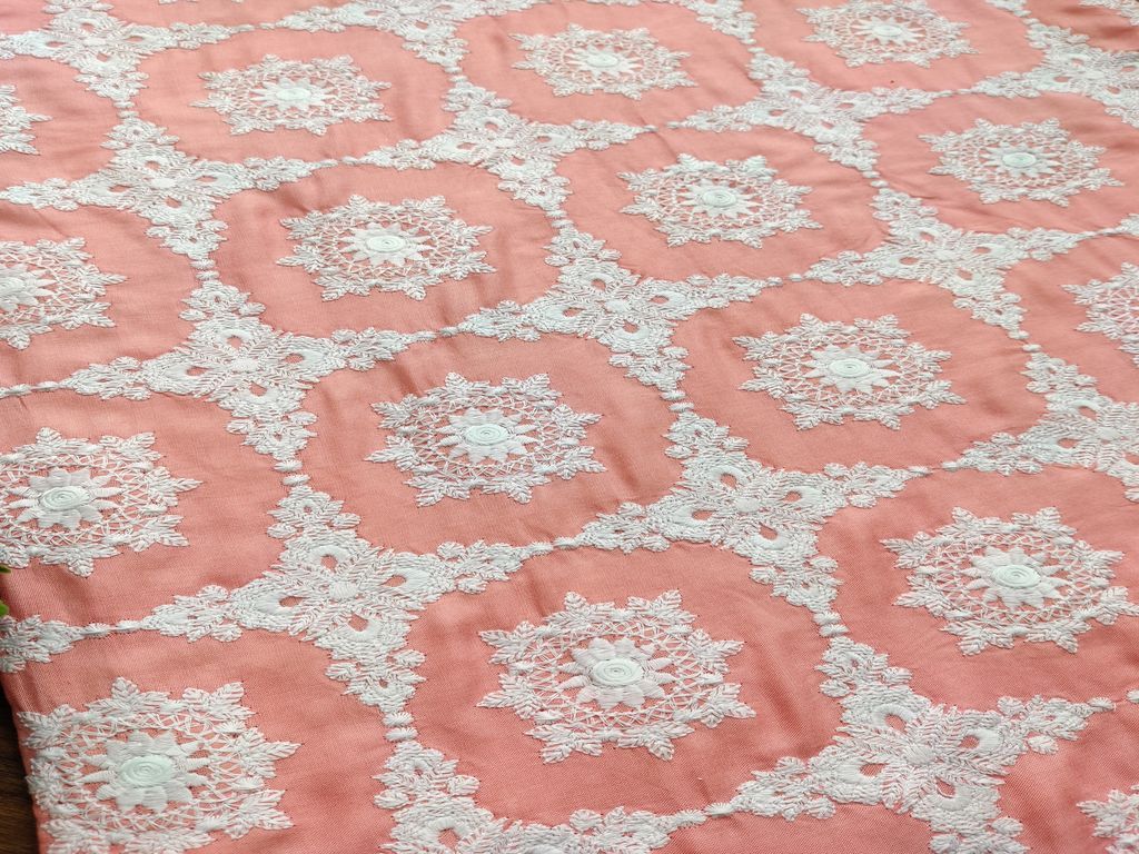 Peach White Floral Motifs Embroidered Chikankari Rayon Fabric
