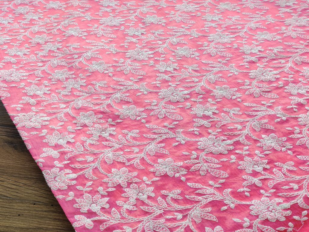 Bright Pink White Flowers Chikankari Embroidered Chanderi Fabric