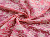 Bright Pink White Flowers Chikankari Embroidered Chanderi Fabric