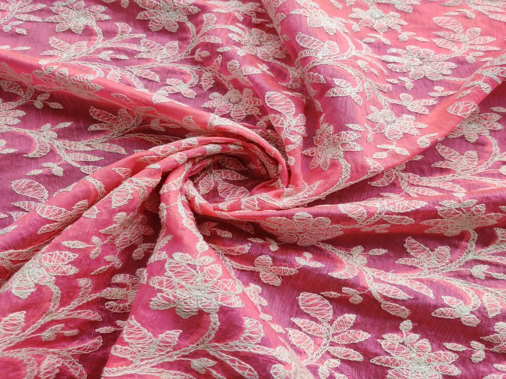 Bright Pink White Flowers Chikankari Embroidered Chanderi Fabric