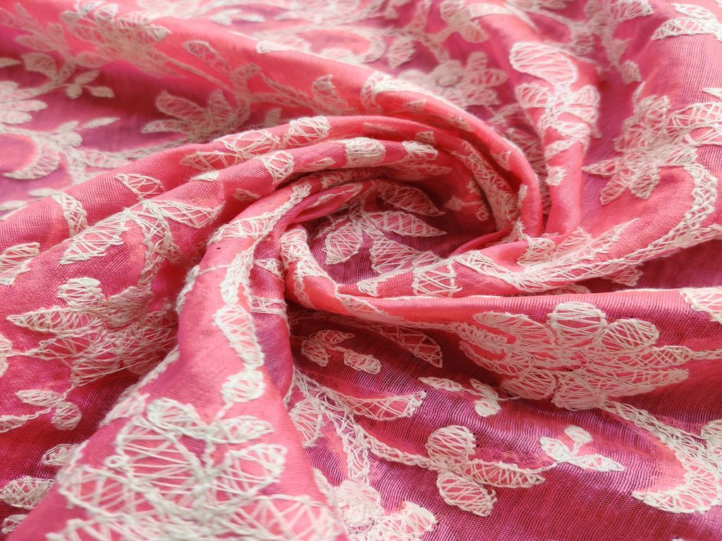 Bright Pink White Flowers Chikankari Embroidered Chanderi Fabric