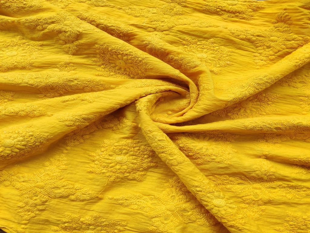 Mustard Yellow Floral Chikankari Embroidered Cotton Fabric