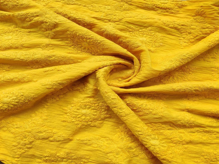 Mustard Yellow Floral Chikankari Embroidered Cotton Fabric
