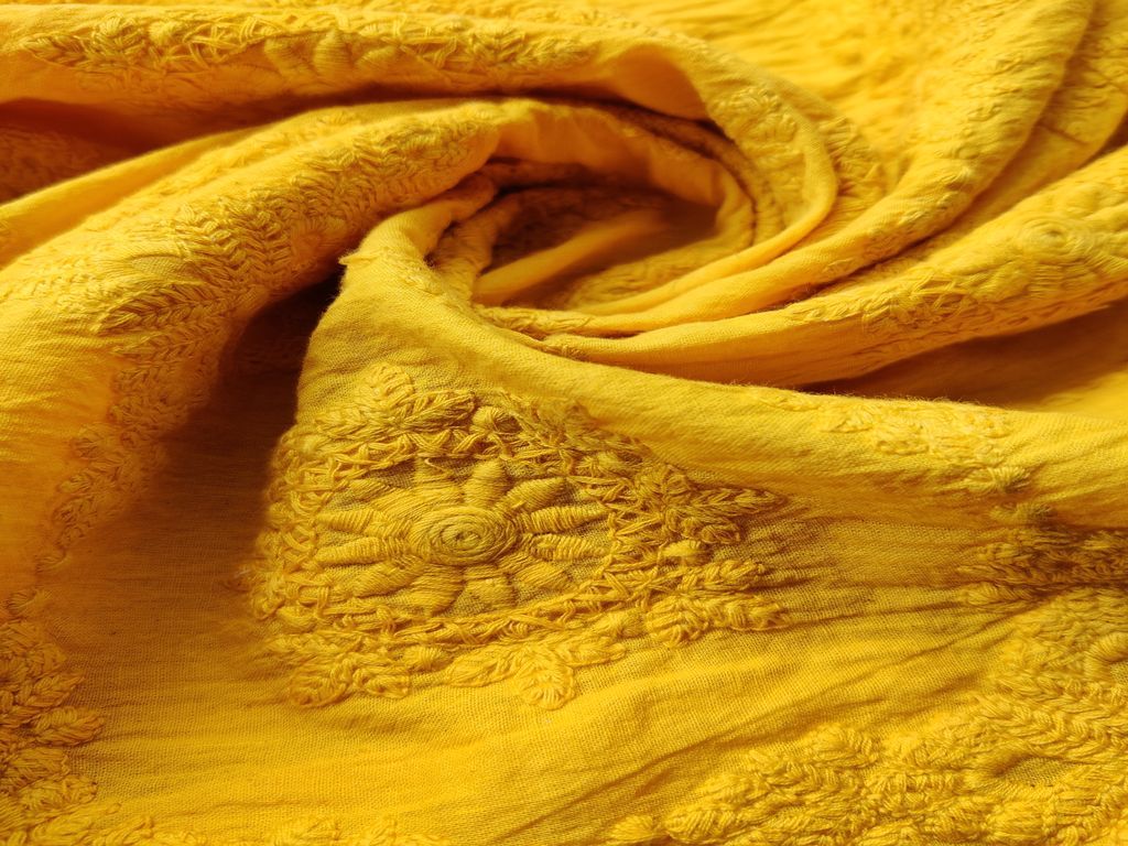 Mustard Yellow Floral Chikankari Embroidered Cotton Fabric
