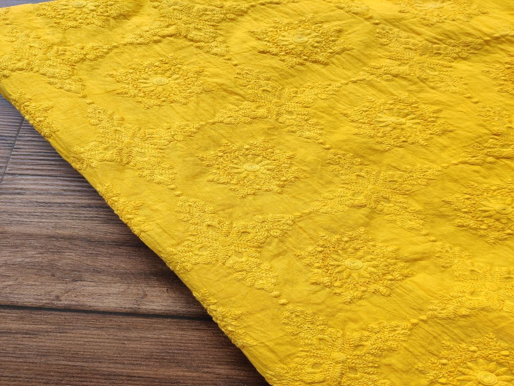 Mustard Yellow Floral Chikankari Embroidered Cotton Fabric