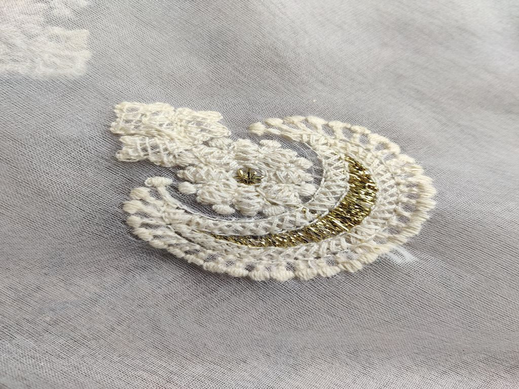 White Floral Motifs Lakhnawi Embroidered Dyeable Organza Fabric