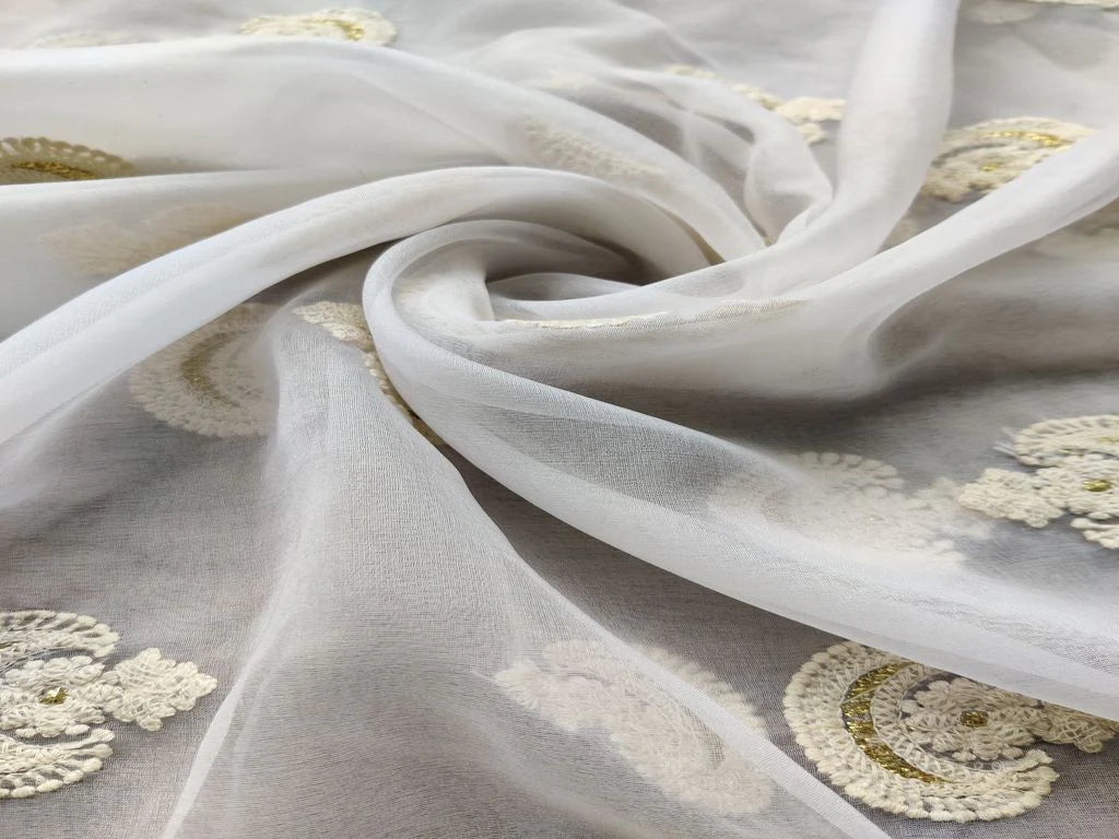 White Floral Motifs Lakhnawi Embroidered Dyeable Organza Fabric