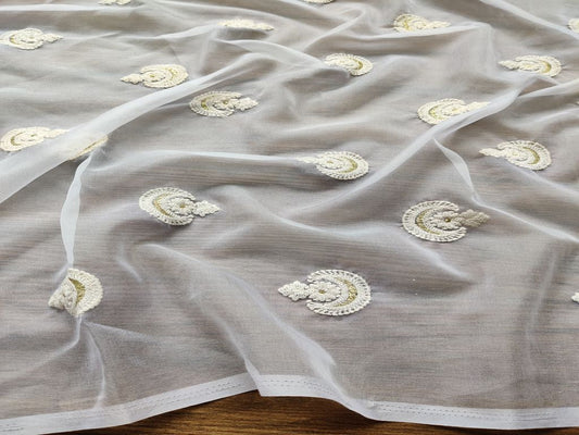White Floral Motifs Lakhnawi Embroidered Dyeable Organza Fabric