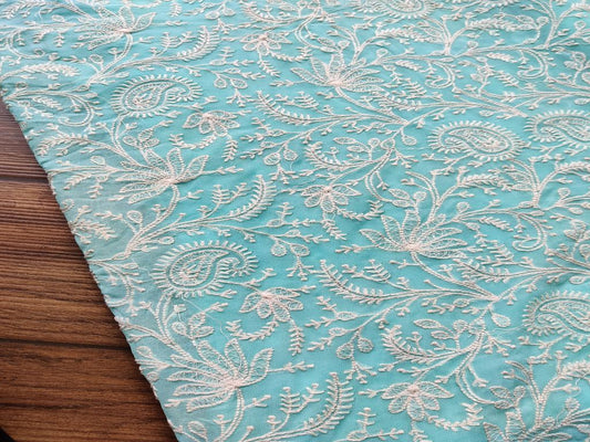 Sky Blue Floral Paisleys Lakhnawi Embroidered Pure Georgette Fabric