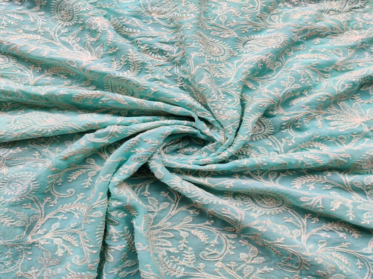 Sky Blue Floral Paisleys Lakhnawi Embroidered Pure Georgette Fabric