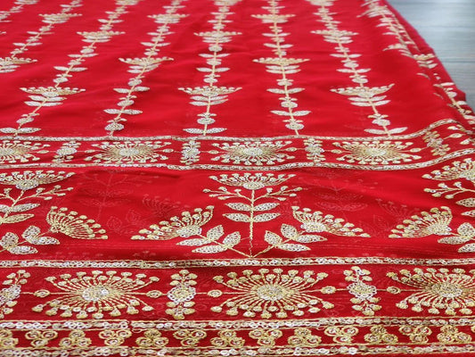 Red Golden Zari and Sequins Work Flowers Embroidered Georgette Fabric