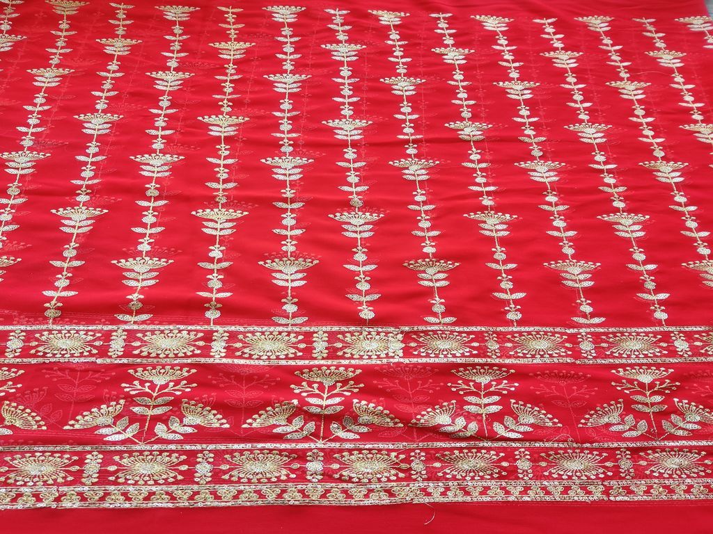 Red Golden Zari and Sequins Work Flowers Embroidered Georgette Fabric