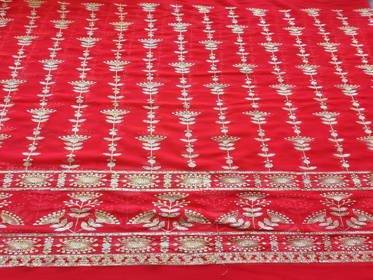 Red Golden Zari and Sequins Work Flowers Embroidered Georgette Fabric