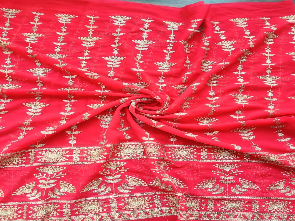 Red Golden Zari and Sequins Work Flowers Embroidered Georgette Fabric