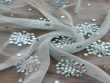 Sky Blue Silver Faux Mirror Embroidered Motifs Organza Fabric