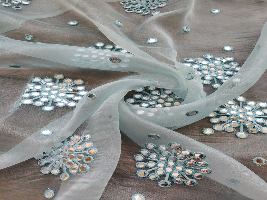 Sky Blue Silver Faux Mirror Embroidered Motifs Organza Fabric